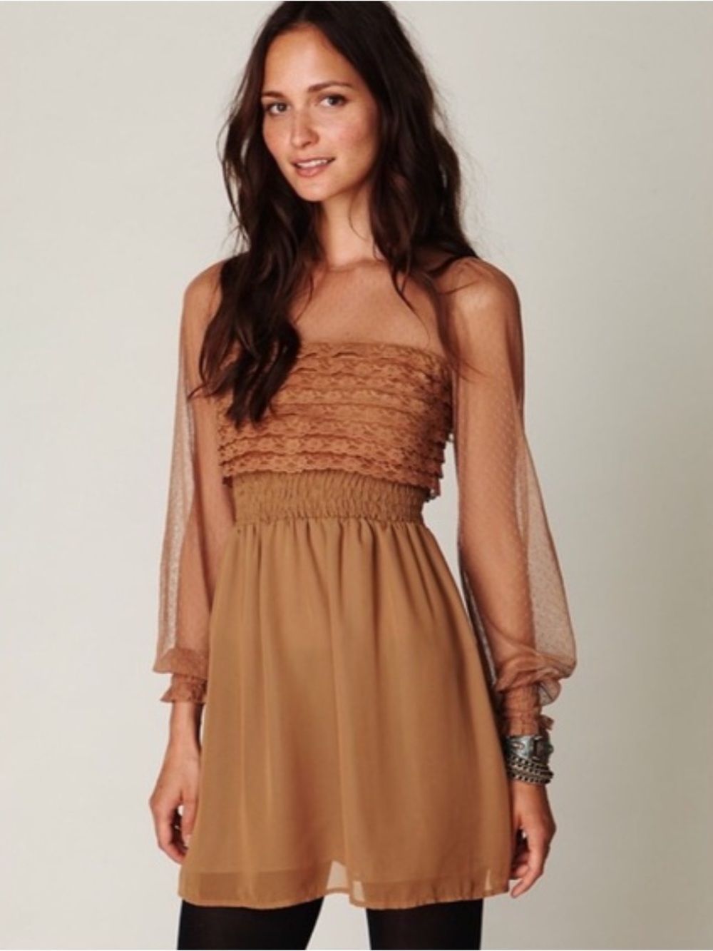 Free People FP Caramel Lace Mesh Smocked Mini Dress Brown Boho Size 6 Small